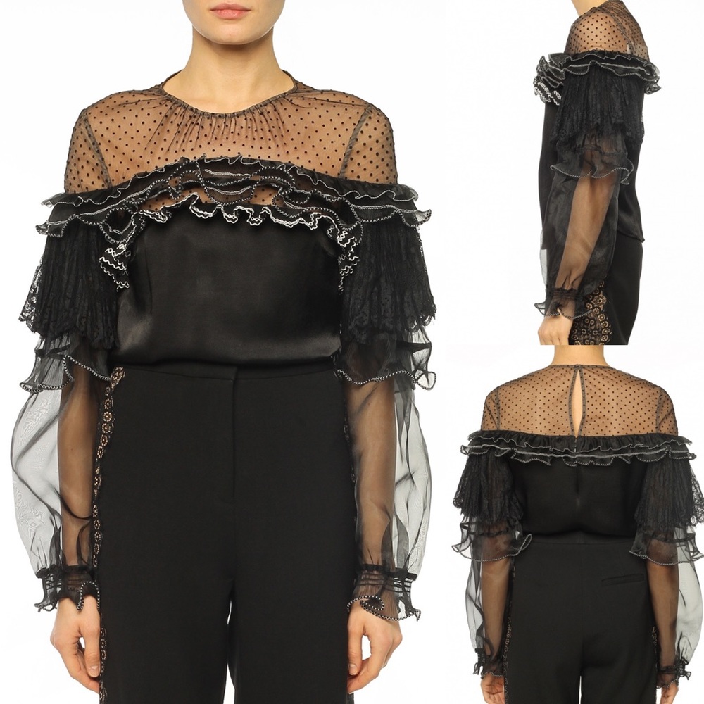 Self Portrait Black & White Frill Ruffle Blouse Sheer Top Lace & Silk (US 4)